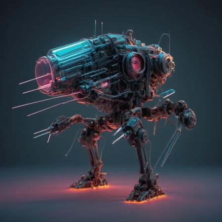 a (made of tiny neon glass filaments,) cute kawaii war mech, lasers, guns, cannon.   It should be a cartoon in a 3D style. The lighting should be sweet, and the colors should be vibrant.   In a made of tiny neon glass filaments, vibrant fantasy full of details of a fantasy epic view.  Epic image. Dynamic scena movement., , made of,, tiny neon glass filaments,, w0gf1l