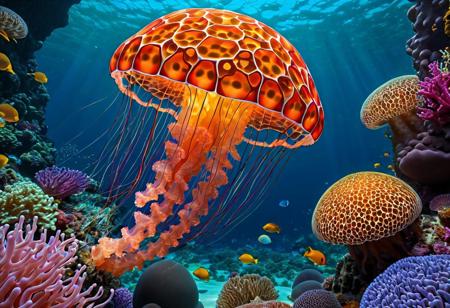 Geometric Transformation, ((Jellyfish)) made out of voronoi,  basalt columns, Basiphobia, under the sea, reef, summer, sea life, dramatic, vibrant colors, vivid colors, Masterpiece, best quality, amazing quality, volumetric lighting, SFW, PG, exquisite detail, digital art, highly detailed, beautiful, surreal, lazypos,