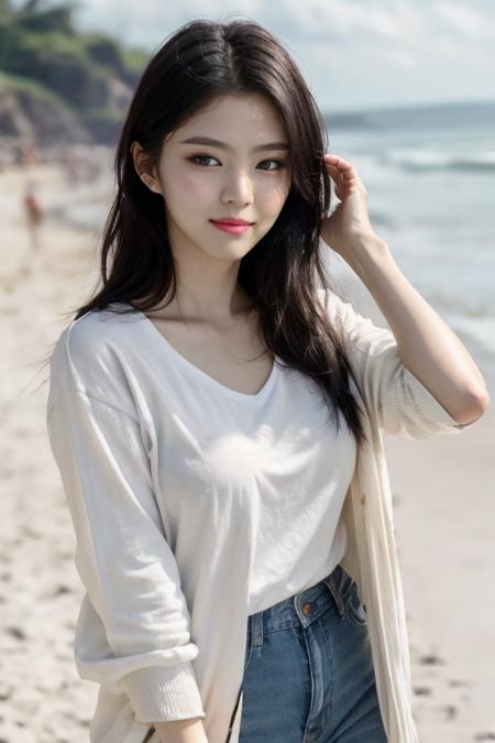 masterpiece, best quality, ultra-detailed, ultra high res, (photorealistic:1.4), raw photo, (realistic:0.2), 8k HDR, perfect lighting, 1girl, solo, looking at viewer, (casual clothes, plain white t-shirt and cardigan, skinny jeans), outdoor, (beach, sand), scattered cloud, upper body, lower body, black hair, asymmetrical long hair, (detailed oily skin), (detailed face), (detailed background :1.1), high-end makeup, looking at viewer,