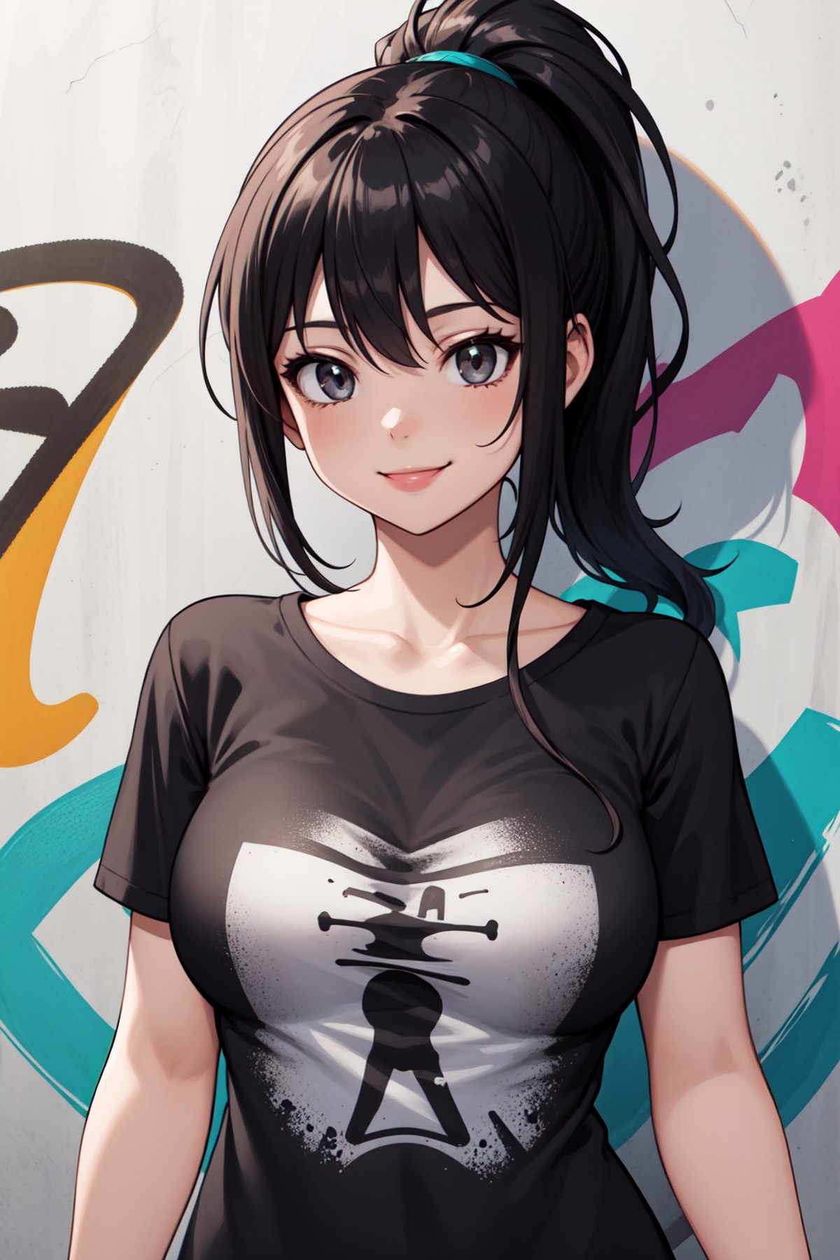 masterpiece, best quality, 1girl, upper body, t shirt, ponytail, breasts, smile, behind a wall with graffiti,