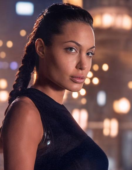 breathtaking photo of skswoman, 1girl, ponytail, blurry, lips, depth of field, blurry background futuristic city lots of lights, portrait, realistic, nose, professional, 4k, highly detailed <lora:Lara Croft:1.2> . award-winning, professional, highly detailed