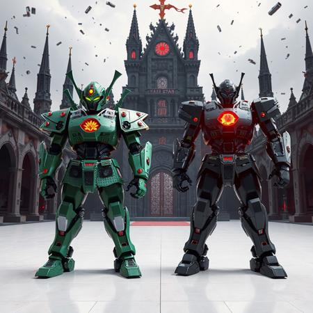 "Ultra-detailed 3D render of two  robots standing in unison on a pristine white stage before the Supreme King's Castle, a gothic fortress with obsidian spires and glowing crimson runes.
Left: Superheavy Samurai Prodigy Wakaushi – A jade-green mechanoid with kabuto-style helmet, articulated samurai armor plates, and a glowing yellow starburst emblem on its chest. Its head features a pulsating ruby-red sensor array, while twin katanas crackle with plasma energy on its back.
Right: Martial Metal Marcher – A matte-black war machine with industrial riveted plating, hydraulic piston limbs, and a blazing amber optic visor. Its chest pulses with a crimson reactor core, and its fists morph into rotating tungsten drill bits.
Both robots stand in mirrored battle stances, energy fields intertwining as they face a holographic threat. The castle looms with floating debris and prismatic energy storms, its arches crumbling under cosmic pressure. Dramatic Dutch angle shot using Unreal Engine 5 ray tracing, Octane Render hyper-textures, and Raphael-style chiaroscuro lighting. Metallic surfaces reflect fractal nebulas, while splash ink effects blend with Houdini particle simulations for a retro-mecha aesthetic. 8K resolution, ArtStation-trending composition, golden ratio symmetry, dominated by emerald, onyx, and crimson with chromatic combat-readiness accents."