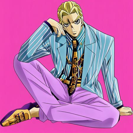 Yoshikage Kira Blonde hair, lilac suit, blazer, striped shirt, necktie, blonde hair, blue eyes, short hair