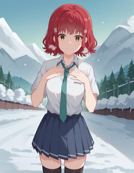 maaya narasaka, short hair, hair ornament, brown eyes, red hair, hair flower, medium breasts, skirt, shirt, thighhighs, school uniform, white shirt, short sleeves, pleated skirt, necktie, black thighhighs, green necktie