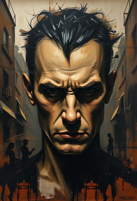 A deep, introspective portrait of a strong, determined face, where the background subtly blends into abstracted, sharp-edged buildings and dark, empty streets.
expressive painterly textures, raw abstract brushwork, distorted human forms, deep psychological emotion, moody earthy tones with dark shadows, semi-abstract figures emerging from chaotic strokes, dramatic gestural movement