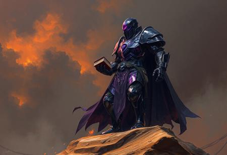 A Drill Warrior stands on a House of Sand with sleek, purple armor, embodying doomsday in a detailed, full-shot illustration. The dark knight's strong walls are enhanced with a dark washed tint and led color, holding a stack of books. The art, inspired by Beksinski, Dan Mumford, Hajime Sorayama, and others, features a dark, detailed background with intricate, hyper-realistic details. This digital painting, trending on ArtStation and CG Society, boasts porcelain skin and 8k resolution, aiming for an HD, award-winning concept art piece.