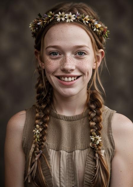 1girl, solo, looking at viewer, smile, open mouth, brown hair, hair ornament, braid, flower, teeth, hair flower, twin braids, lips, bird, animal, portrait, freckles, realistic, head wreath