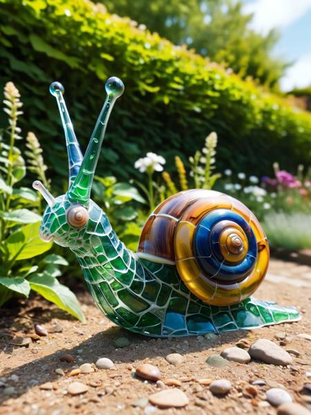 An ais-bkglass snail, sliding across a long in the garden <lora:Broken_Glass_Style_SDXL:1>