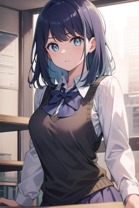 akanekurokawa, <lyco:akanekurokawa-lyco-nochekaiser:1>,
akane kurokawa, aqua eyes, blue hair, medium hair, sidelocks,
BREAK black sweater vest, blue bow, blue bowtie, bow, bowtie, collared shirt, long sleeves, puffy sleeves, school uniform, shirt, sweater vest, white shirt,
BREAK looking at viewer,
BREAK indoors, classroom,
BREAK <lyco:GoodHands-beta2:1>, (masterpiece:1.2), best quality, high resolution, unity 8k wallpaper, (illustration:0.8), (beautiful detailed eyes:1.6), extremely detailed face, perfect lighting, extremely detailed CG, (perfect hands, perfect anatomy),