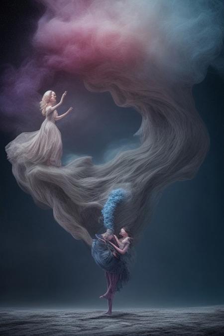 surreal, waltz of fractal smoke over the abyss, fantasy smoke, dresses and stars, dynamics, movement, wind, colorful, intricate details, perspective, hyper-detailed, hyper-realism, professional photoshoot