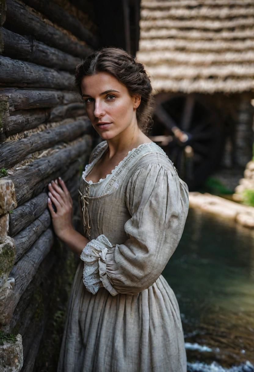 masterpiece, best quality, ultra highres, natural skin texture, brown hair, brown eyes, beautiful  20yo Lucia Mondella (I Promessi Sposi), shy expression, natural skin texture, ((1600's italian poor woman dress)), near a Watermill in Brianza, Spring,  24mm, 8k textures, soft cinematic light, adobe lightroom, photolab, hdr, intricate, elegant, highly detailed, sharp focus, ((((cinematic look)))), soothing tones, insane details, intricate details, hyperdetailed, low contrast, soft cinematic light, dim colors, exposure blend, hdr, faded, full body, ((small eyes)), hyperealistic
