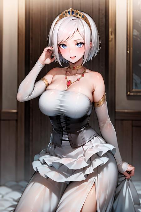 white hair, short hair, blue eyes, large breasts, white pupils, bright pupils princess, bare shoulders, jewelry, white dress, necklace, corset, tiara, detached sleeves, collarbone, choker, gown, evening gown, frilled skirt, long skirt, white skirt
