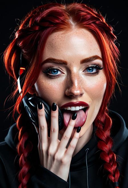 masterpiece, best quality, good quality, very aesthetic, absurdres, newest, ultra detailed, upper body focused, perfect face, detailed face, 
(Beautiful seductive women with long braided red hairstyle, saved sides,) wearing a half cut black hoodie and black LED headphone, nose piercing, tongue out, seductive pose, hand on face, long nails, black nails, seductive face, attractive, freckles, seductive smile, mouth open, blue eyes, bold makeup,
solid black background, looking at viewer, soft cinematic lighting, head and shoulders portrait,