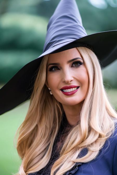 close up, ivnktrmp woman in a witch costume wearing a pointy hat,  shallow depth of field, cinematic lighting, photographed on a Sony a9 II Mirrorless Camera, (highly detailed:1.2), (soft focus), film still,HDR, 8k resolution