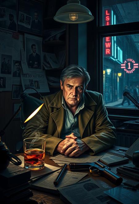 A weary private detective sits hunched over a cluttered desk in a dimly lit office, cigarette smoke curling through the stale air. His face is lined with exhaustion, but his sharp eyes remain fixed on a bulletin board covered in photos, maps, and newspaper clippings—each string connecting a relentless investigation. A half-empty whiskey glass reflects the glow of a flickering desk lamp. Outside the rain-slicked window, neon signs cast fractured light onto the damp streets, where shadowy figures move with purpose. The detective’s trench coat is draped over his chair, his revolver resting nearby—always within reach. Every detail suggests an unwavering obsession, a mind that refuses to rest until the case is solved.