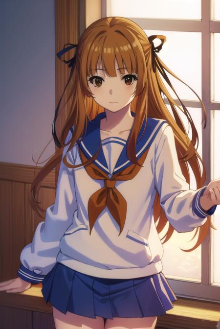 akemisumizome, <lora:akemi sumizome s1-lora-nochekaiser:1>,
akemi sumizome, long hair, orange hair, (brown eyes:1.7), ribbon, hair ribbon, bangs, blunt bangs, hime cut, smile,
BREAK skirt, school uniform, serafuku, blue sailor collar, shirt, white shirt, long sleeves, blue skirt, neckerchief, red neckerchief,
BREAK indoors, classroom,
BREAK looking at viewer, (cowboy shot:1.5),
BREAK <lyco:GoodHands-beta2:1>, (masterpiece:1.2), best quality, high resolution, unity 8k wallpaper, (illustration:0.8), (beautiful detailed eyes:1.6), extremely detailed face, perfect lighting, extremely detailed CG, (perfect hands, perfect anatomy),