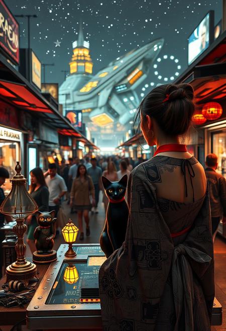 Setting is a futuristic cyberpunk street market at night, the market is comprised of street vendors selling robot parts, food, weapons, and robot pets. People wearing futuristic cyberpunk clothing are walking through the street market shopping and eating, A sleek black cat with red collar sits on a cluttered metal riveted desk with transparent top and micro-LED lighted computer components visible inside, On the desk is an ebony and gold maneki neko statue and a classic ornate art deco lamp, (((a beautiful woman, 24 years old, is standing in the foreground facing the viewer))), the sleek black cat with red collar is sitting on the desk and watching the people walking by in the busy street market, the woman is dressed in futuristic cyberpunk Japanese style kimono-style clothing that are sexy and Japanese classic aesthetic. An enormous art deco inspired starship with futuristic lighting and an enormous space station are visible in the background among the stars, The woman's hair is elegantly tied up with a ribbon. Artistic cyberpunk, dynamic perspective, (((overall architectural aesthetic is Art Deco Cyberpunk))).  Epic image that elicits a feeling of wonder and awe, part of the interior is visible,