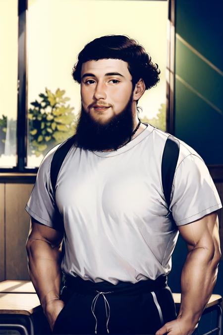 <lora:hhy-000010:.8>,portrait,upper body,athletic wear,short curly hair,black hair,black eyes,standing,classroom,smile,looking at viewer,1boy,bushy beard