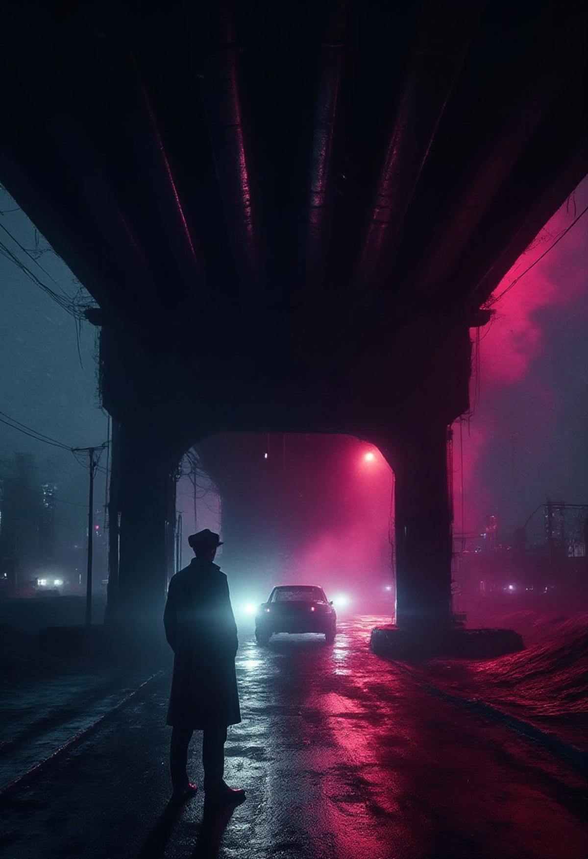 01dPh0t0, A dramatic nighttime scene under a bridge, featuring a man in the foreground, a car in the background, and a stark contrast between light and shadow, The man stands to the left, gazing towards the right, where the car is parked, The bridge, with its wet surface, arches over the scene, reflecting the lights from above, The lighting creates a tense atmosphere, highlighting the man and the car against the darkness of the bridge and the night sky, Lynchian tense atmosphere as the ominous driver idles near the man. mad-neon-noir