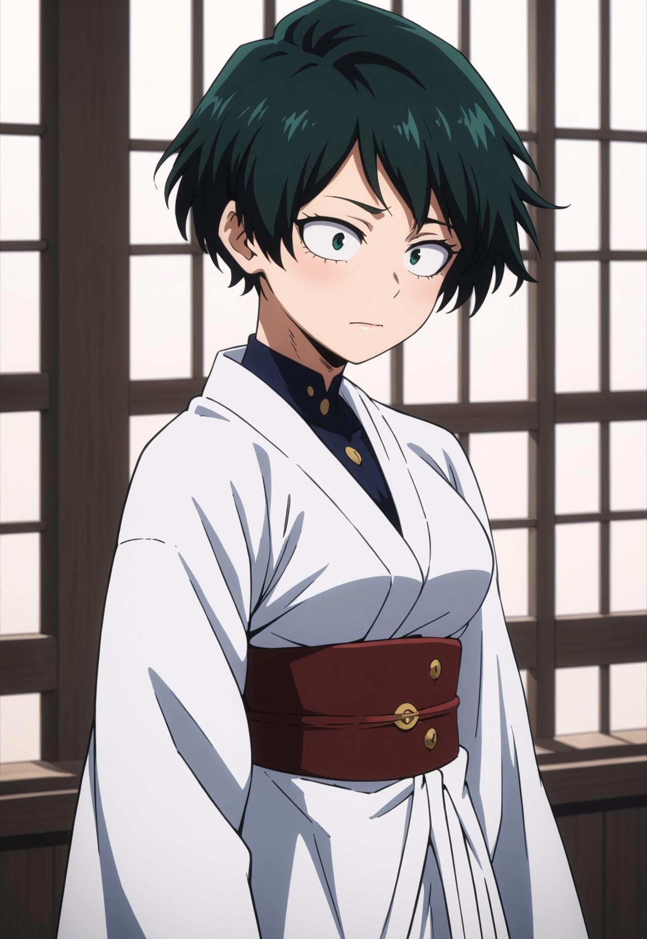 safe_pos, safe_pos, safe_pos, score_9, score_8_up, score_7_up, score_6_up, my hero academia, 1girl, white kimono, short hair, Pixie cut, black hair, large breast, black eyes, beautiful face, anxious, oc, original character, worried expression 