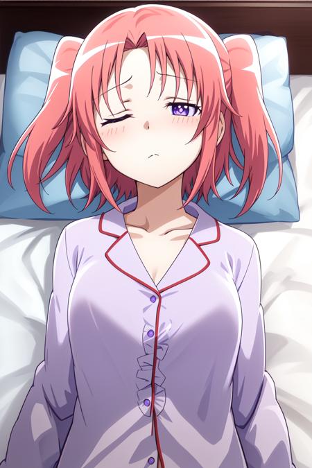 Yonomori Kobeni,1girl, solo,pajamas, purple_eyes, looking_at_viewer,two_side_up,lying,on back,(sleepy:1.2),one eyes closed,on bed, upper body,