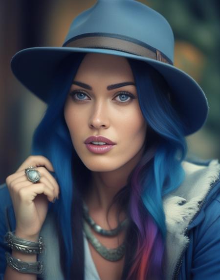 MeganFox,<lora:MeganFoxSDXL:1>,Realistic photo of a beautiful woman, 1girl, solo, long hair, hat, jewelry, blue hair, jacket, multicolored hair, necklace, bracelet, lips, realistic, fashion, soft lighting, professional Photography, Photorealistic, detailed, RAW, analog, sharp focus, 8k, HD, DSLR, high quality, Fujifilm XT3, film grain, award winning, masterpiece