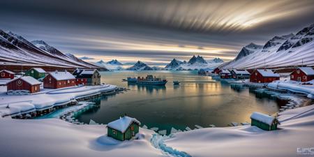 RAW photo, (masterpiece:1.3), subsurface scattering, heavy shadow, (high quality:1.4), (intricate, high detail:1.2), professional photography, HDR, High Dynamic Range, realistic, ultra realistic, photorealistic, high resolution, film photography, ambient lighting, atmospheric effects,  OverallDetail, Ice, a small Inuit village with a harbor, frozen lake, vivi, epiCPhoto