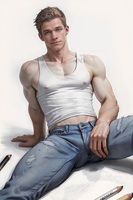 (plain white background), BradHunter wearing a (white tank top), jeans, (homoairotic illustration, graphite:1.3), looking at camera, duotone, <lora:homoairotic-ill:0.75> <lora:BradHunter:0.8>