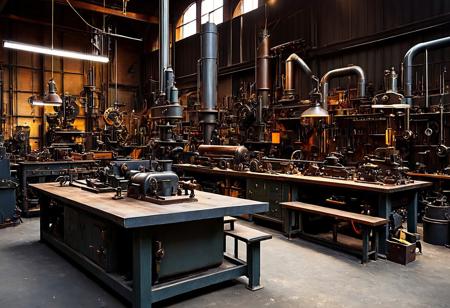 Metalworking shop with dieselpunk elements, benches and tables filled with complex mechanical devices, tools, equipment :: full shot, eye level, deep focus :: hyperrealistic, hyper detailed, photorealistic :: masterpiece, incredible composition, amazing depth, imposing, meticulously composed, midjourneyv6.1