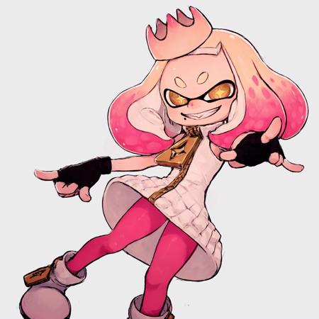 <lora:Pearl_Splatoon:1> + pupils, 1girl, crown, dress, fingerless gloves, gold eyes, mole, mole under mouth, multicolored hair, pink pantyhose, shoulder length cream tentacles with pink tips hair, smile, tentacle hair, white background, woman, zPDXL3, random pose,