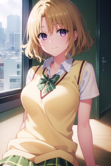 risamomioka, <lora:risa momioka darkness-lora-nochekaiser:1>,
risa momioka, short hair, blonde hair, wavy hair, (parted bangs:1.5), (purple eyes:1.1), smile,
BREAK green skirt, plaid, plaid skirt, sainan high school uniform, school uniform, skirt, sweater vest, thighhighs, (yellow sweater:1.5), short sleeves, bow, green bow,
BREAK indoors, classroom,
BREAK looking at viewer, (cowboy shot:1.5),
BREAK <lyco:GoodHands-beta2:1>, (masterpiece:1.2), best quality, high resolution, unity 8k wallpaper, (illustration:0.8), (beautiful detailed eyes:1.6), extremely detailed face, perfect lighting, extremely detailed CG, (perfect hands, perfect anatomy),