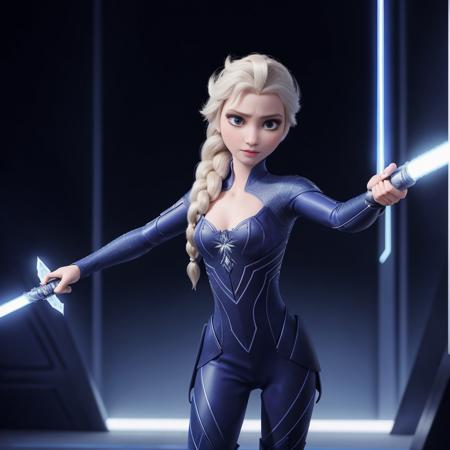 The blades of Elsa's two blue lightsabers (dual wielding)  glimmered with ultra-sharp precision, its 8K resolution showcasing the tiniest details that would be invisible to the naked eye. The negative space around her was just as captivating; intricate lines etched into the sleek surfaces of the starship's floors added depth and texture to the scene.
Elsa herself stood proudly in this futuristic setting, clad in a skimpy blue and white leather armor that highlighted every curve of her body. Her eyes blazed with intense focus as she held onto her weapon, poised to strike at any given moment. Bright lights illuminated the area around her, casting shadows across the walls and adding to the surreal atmosphere.
In this world where science fiction meets high definition technology, Elsa moved effortlessly, her movements graceful and precise. It was clear that both her skills and her equipment were truly next level, leaving no doubt that she was one of the most formidable forces in the galaxy.
<lora:weight_slider_v2:-1.3> <lora:elsa-frzn-v1.1:1> elsa-frzn, elsa \(frozen\), blue eyes, 1girl, long hair, solo, single braid, hair over shoulder, looking at viewer <lora:photorealistic_portrait:3> photorealistic portrait