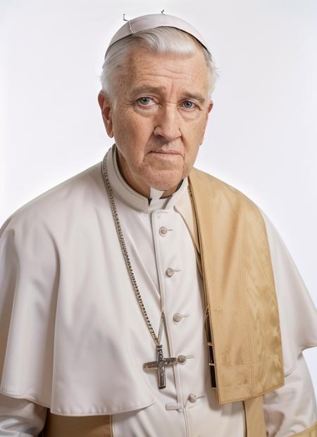 ((detailed face)), (dl1), man, solo, man dressed as the pope, full body, full body shot, white background, no background, PNG, natural lighting, no shadows, ultra detailed, hyperrealistic, 80mm, 4k, 8k, 8k realistic, sharp focus, intricate, high resolution   <lora:DavidLynch-10:1>