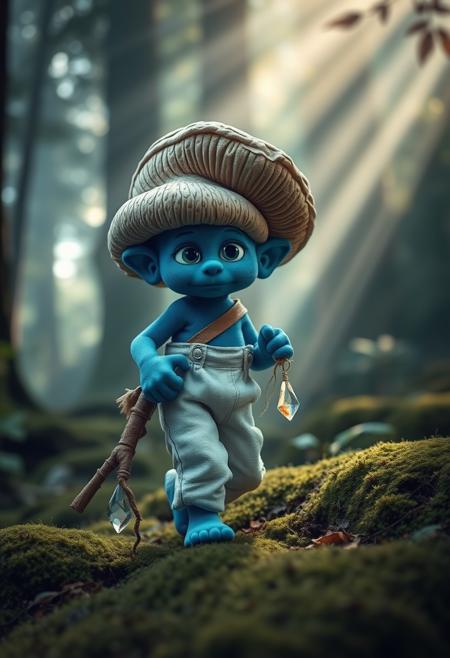 Create a hyper-realistic scene of Smurfcat, a small, blue humanoid feline with a curious and adventurous expression. Smurfcat has vivid blue, slightly textured skin that gives it a lifelike appearance, and it wears a large, organic mushroom-shaped hat with intricate, natural textures resembling the gills and surface of a real mushroom. The hat's earthy tones contrast with Smurfcat's vibrant blue. Dressed in simple, rugged white pants, Smurfcat holds a hobo stick made from a gnarled branch, with a delicate, translucent crystal bundle tied to the end, hanging naturally as it walks. The setting is a dense, enchanted forest, where shafts of soft, diffused light filter through the thick canopy, casting realistic shadows on the moss-covered ground. The background features blurred but recognizable towering trees and dense foliage, enhancing the natural, earthy atmosphere. The scene blends whimsical fantasy with grounded realism, portraying Smurfcat as if it were truly part of this magical woodland world, embarking on a mystical journey.