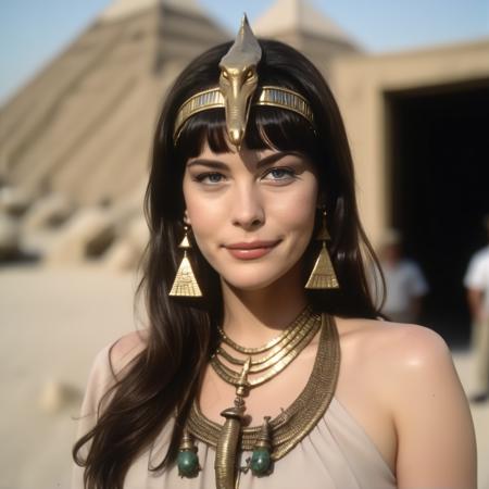 Photo of (ohwx woman)  <lora:LivTyler:1> as an Egyptian queen, serpent headdress, golden serpent jewelry. pyramids, Egypt