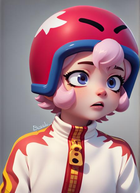 bsbonnie ,  1girl, pink hair, short hair, solo , white bodysuit, red helmet, zipper, zipper pull tap , Blue Boots sleeves past wrists