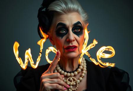 A very old drag queen girl with black makeup and pink nails, looking like she just failed something, shaking her head, drawing the letters "Woke" using flamess, in the air, with a finger, photo by helmut newton