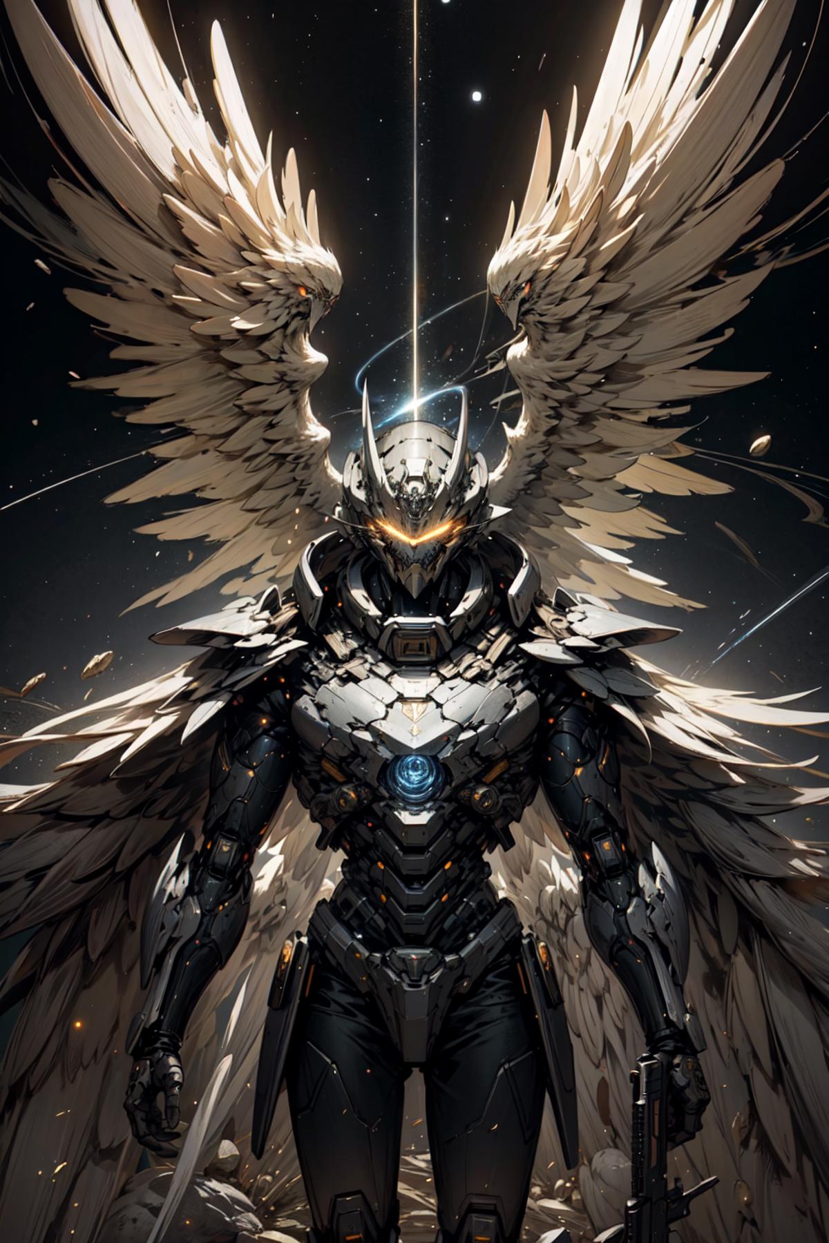 A robotic figure with wings and a helmet, standing against a dark background.