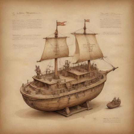on parchment, inspired by "codex Dresden", sketch of a Mesoamerican steampunk vessel, drawn by "Leonardo Da Vinci", drawings inspired by "codex Leicester" and Leonardo's drawings in his diaries, reference Royal Library and the Vatican Archive