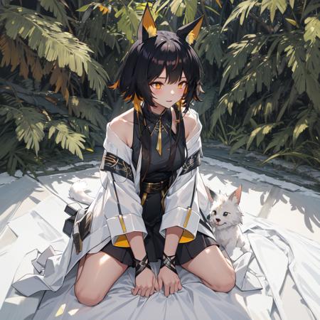 dark skin, animal ears, white coat,black dress,