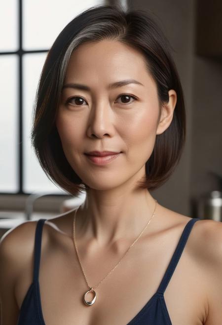 A beautiful (((49-year-old japanese woman))) with pale skin, perfect hour glass figure, (perfect large breast, busty:0.8), standing next to the kitchen counter near a sunlit window on a sunny morning. a sleek minimalist modern kitchen. She's a brunette with streaks of grey hair, short haircut, long oval face with a calm and friendly look, almond eyes, small thin luscious lips, no makeup, wearing a low-cut tight tanktop (deep cleavage), tight short jeans, (a thin pendant necklace, bracelets). photo-realistic, ultra sharp focus, symmetrical shot, (perfect composition), (rule of thirds composition), subject positioned off-center, highly detailed, intricate detailed, (((perfect body anatomy))), (-bad hands -unnatural hands -fused fingers -too many fingers), (matching eyes), proportional eyes, (-weird iris -weird pupils), (realistic skin), (-cropped head), (((wide shot, natural lighting, cinematic))), 4K,, trending on artstation, taken with 30MP DSLR with Carl Zeiss lens, award winning photography, best quality, masterpiece