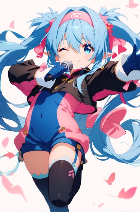 klan klein, blue hair, blue eyes,twintails, pink headband, hair ornament, pointy ears,  very long hair, white sleeve cuffs, bodysuit, blue gloves, black cropped jacket, long sleeves,  thighhighs, thigh boots, hair between eyes,