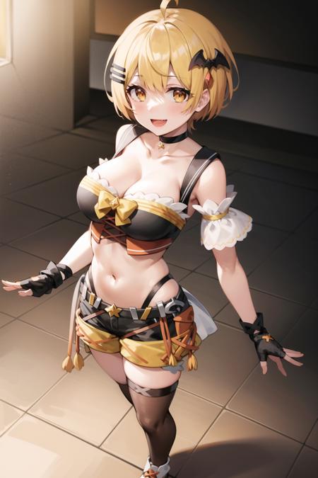 2d, masterpiece, best quality, anime, highly detailed face, highly detailed eyes, highly detailed background, perfect lighting, full body, 1girl, solo, yozora mel, vampire, bat hair ornament, hairclip, short hair, ahoge, revealing clothes, navel, bare shoulders, black crop top, short shorts, choker, frills, :d, standing, asymmetrical legwear, short sleeves, fingerless gloves <lora:yozoramel-20:1>