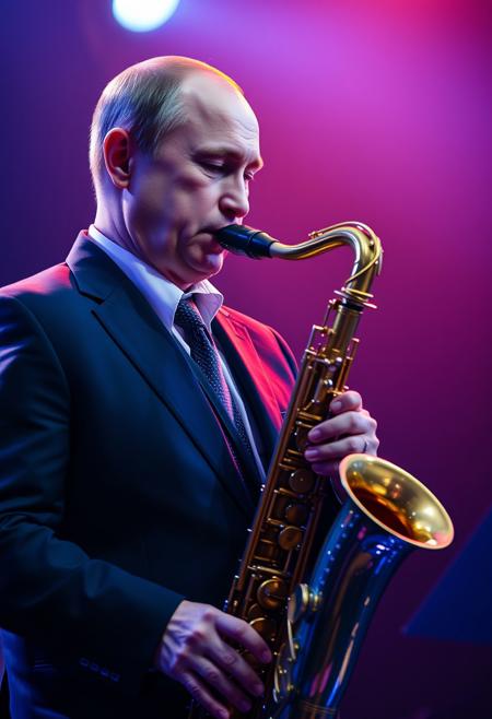 extremely photorealistic ultra-detailed, An intense, photorealistic photography  the president Putin  while play saxophone, he is on stage low light, blue ambient