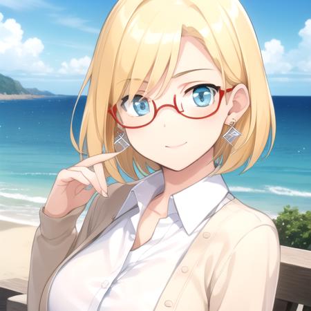 ((masterpiece)),(best quality),official art,extremely detailed CG,unity 8k wallpaper,ultra detailed,A lighthouse on a cliff by the sea,1girl,solo,upper body,(portrait:1.2),looking at viewer,claudia madobe,kind smile,blonde hair,short hair,blue eyes,glasses,semi-rimless eyewear,red-framed eyewear,jewelry,earrings,large breasts,sweater,shirt under sweater,collared shirt,white shirt,blue skirt,pleated skirt,brown boots,<lora:Claudia Madobe(win):0.8>,