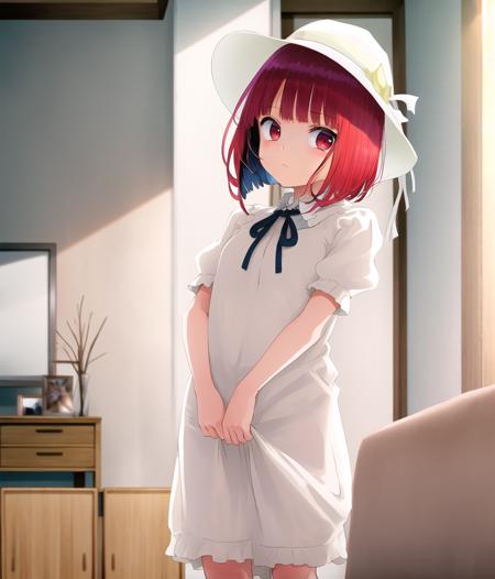 AirmaKana child; 1girl, solo,  beautiful red eyes, white headwear, bob cut,  ribbon, bangs, looking at viewer, hat, closed mouth, indoors, sun hat, short sleeves, parody, living room, cinematic lighting, sunshine
 <lyco:oshinoko_0414_extract32783_convP01_linearP04:0.95>