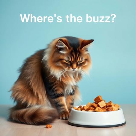 a snobby long haired manx cat sits next to her food bowl turning her face away from the food as an offering that is beneath her, text above the image says "Where's the buzz?"
