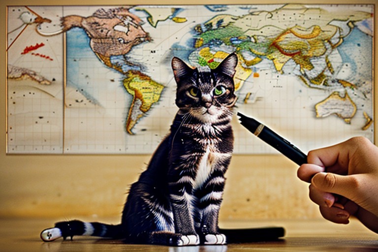 A Maine cat standing on a map of Earth plotting world domination, (((cat literally being an artist))), (((cat holding a pen with its paw))), cat drawing lines with a pen on a world map, cat holding a pen and drawing on a world map with it, cat using a pen, paw holding a pen, cats paw holding a pen, cat using a paw as a hand to draw a world map,  JML, scenery