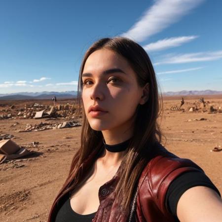 A selfie style photo of the last 25 year old woman from the last day of human kind on earth, extremely detailed, apocalypse, end of times