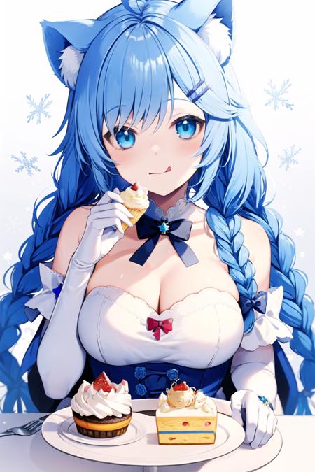 <lora:Shirop:1>,1girl, animal ears, dress, gloves, food, crown, tongue, tongue out, breasts, blue hair, blue eyes, ahoge, white dress, solo, cupcake, mini crown, hair ornament, white gloves, braid, elbow gloves, holding, cake, animal ear fluff, cleavage, long hair, smile, looking at viewer, blush, cat ears, medium breasts, bangs, :q, eyebrows visible through hair, food on face, tray, bare shoulders, holding food, cup, snowflake hair ornament, holding tray, snowflakes, white background, bow, strapless, very long hair, flower, ring, jewelry, strapless dress, closed mouth, blue bow, v, ribbon, frills, frilled dress, virtual youtuber, star \(symbol\), blue ribbon, twin braids, hairclip, tilted headwear, cake slice, plate